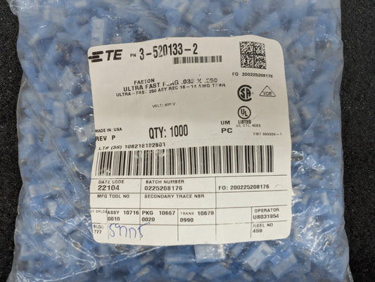 New, AMP/Tyco, 3-520133-2, CONN QC RCPT 14-16AWG 0.250 - Lot of 500pcs
