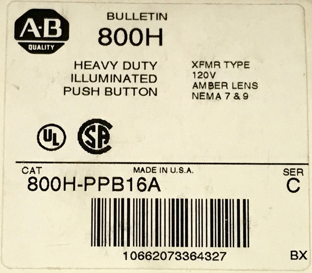 ALLEN BRADLEY 800H PPB16A 120 VAC AMBER Lens Heavy Duty Illuminated Push Button 