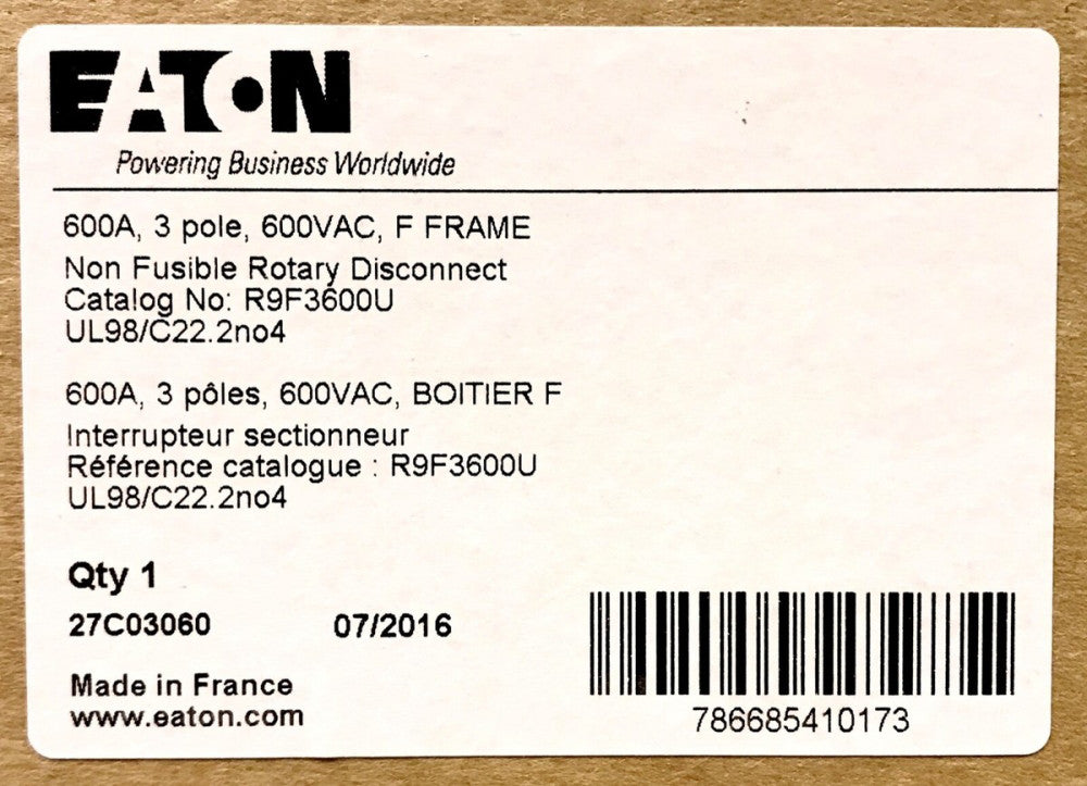EATON CUTLER HAMMER R9F3600U 600AMP 600VAC Rotary Disconnect Non Fusible F Frame