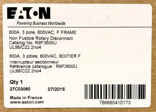 EATON CUTLER HAMMER R9F3600U 600AMP 600VAC Rotary Disconnect Non Fusible F Frame