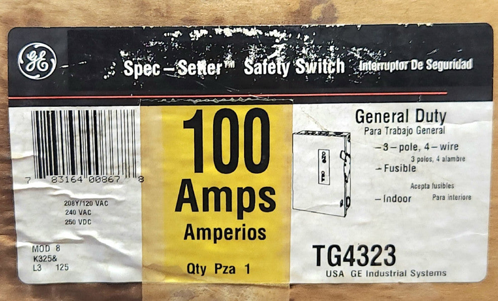 GENERAL ELECTRIC TG4323 100 AMP 3 Pole Nema 1 Indoor Safety Switch Spec Setter