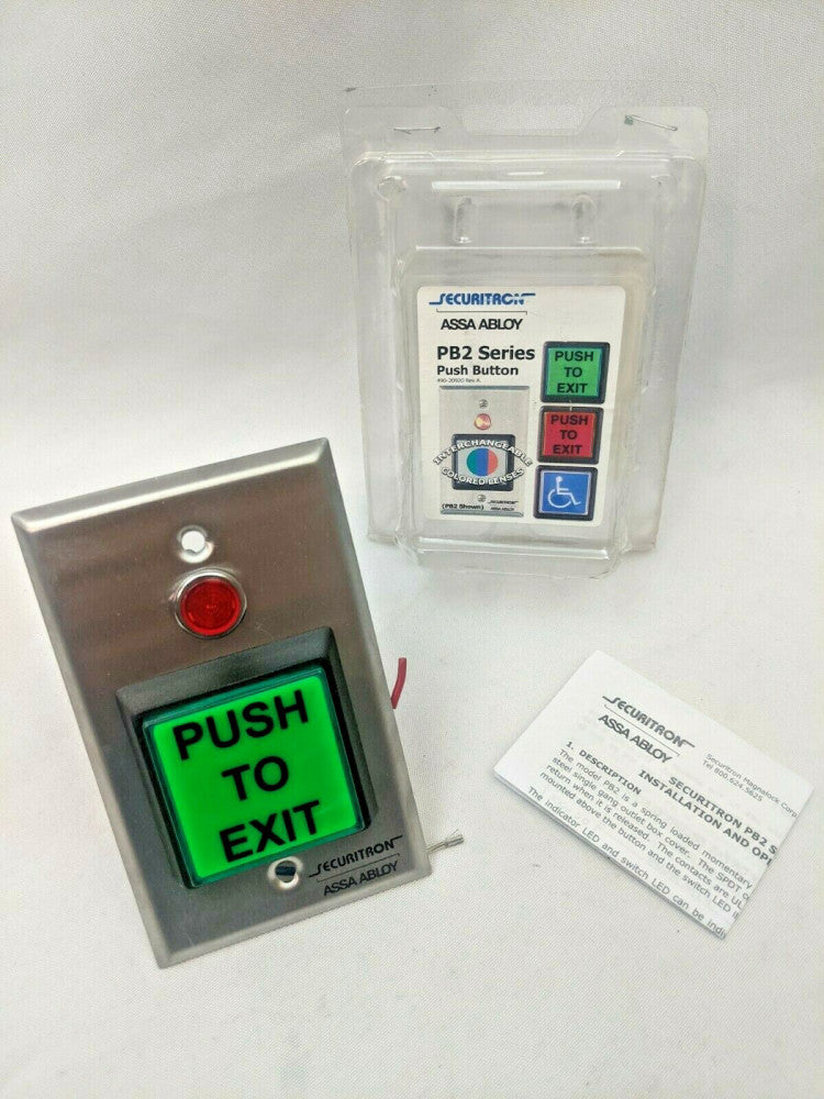 SECURITRON ASSA ABLOY PB2  Wall Mounted "Push to Exit" Green Button w/ manual