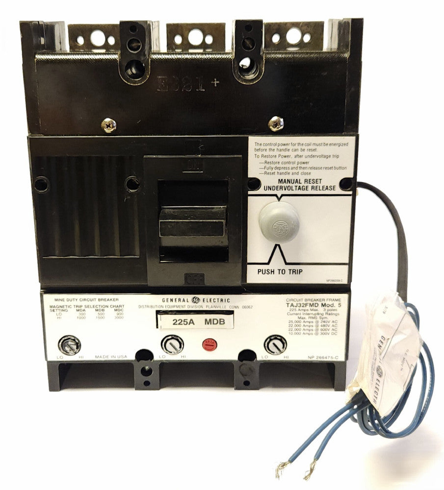 GENERAL ELECTRIC TAJ32FMD 3 Pole 225 AMP Mine Duty Circuit Breaker 120 VAC UVR