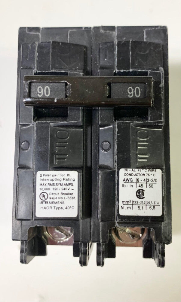 SIEMENS B290 2 Pole 90 AMP Type BL Circuit Breaker Bolt In