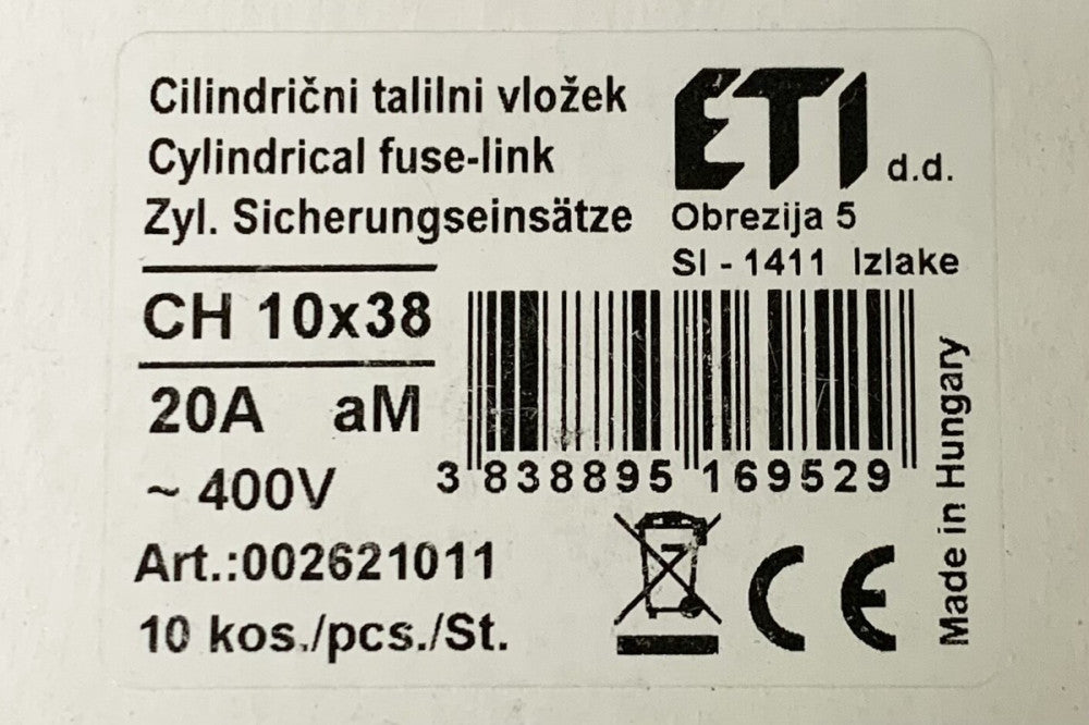 Box of 10 ETI CH 10X38 20A aM 400V 100 KA Fuse IEC60269-2 00262101 