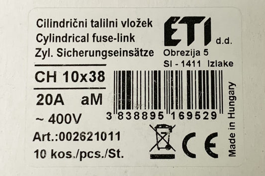 Box of 10 ETI CH 10X38 20A aM 400V 100 KA Fuse IEC60269-2 00262101 