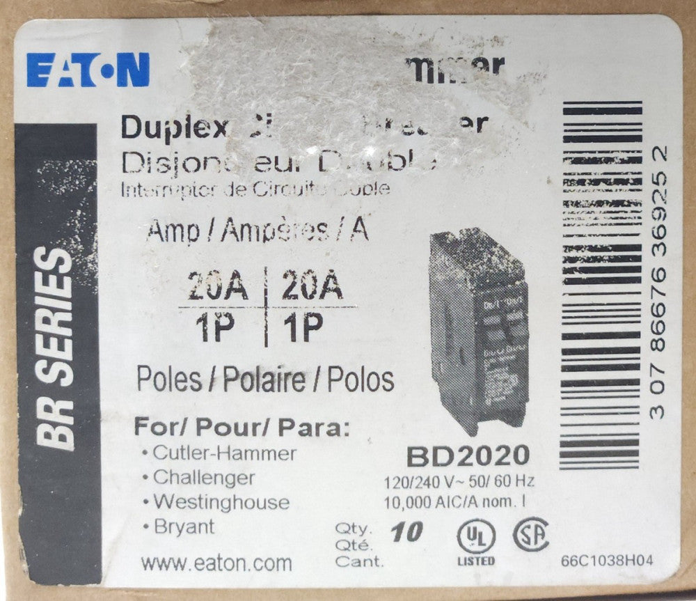 BOX OF 10 EATON CUTLER HAMMER BD2020 Type BR Duplex Single Pole 20 AMP Circuit
