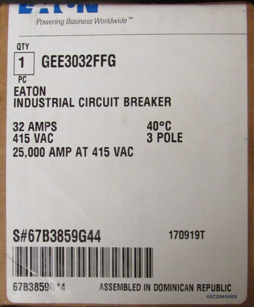 EATON CUTLER HAMMER GEE3032FFG Type GEE Circuit Breaker 3 Pole 32 Amp 415 VAC
