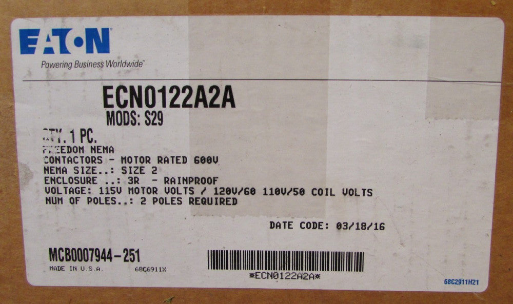 EATON CUTLER HAMMER ECN0122A2A 120V CN15GN2 45 Amp Size 2 Contactor Mods: S29 