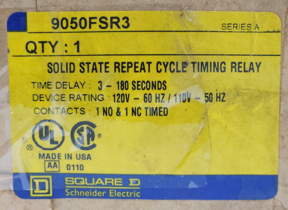 SQUARE D 9050FSR3 Solid State Repeat Cycle Timing Module Relay Timer 3-180 Secon
