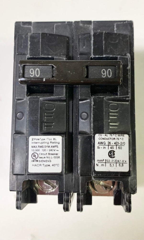 SIEMENS B290 2 Pole 90 AMP Type BL Circuit Breaker Bolt In