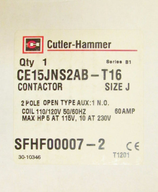 CUTLER HAMMER CE15JNS2AB T16 Size J Contactor 2 Pole 60 Amp 110/120V 30-10346