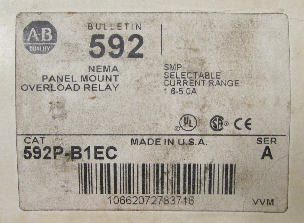 ALLEN BRADLEY 592P B1EC 1.6-5 Amp SMP Panel Mount Overload Relay 