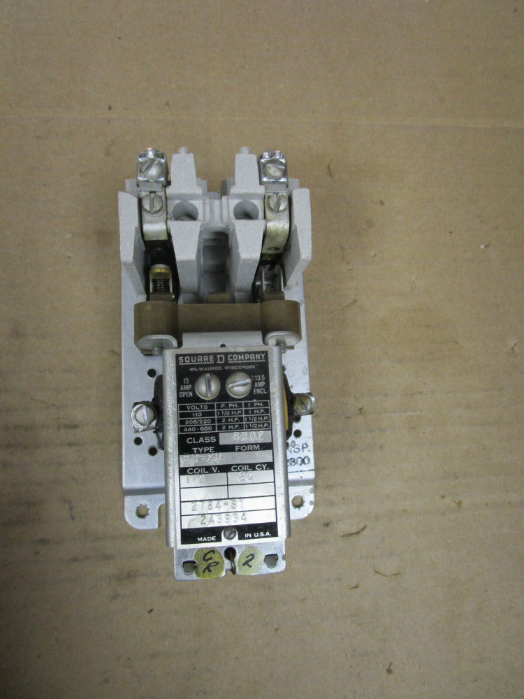 SQUARE D CONTACTOR 8502 B0-20 110V COIL 15A 8502B020