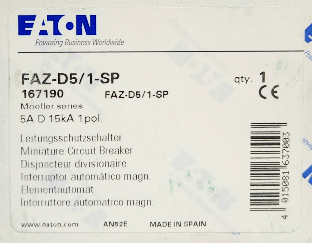 EATON MOELLER FAZ-D5/1-SP Single Pole 5 AMP 277 VAC Miniature Circuit Breaker