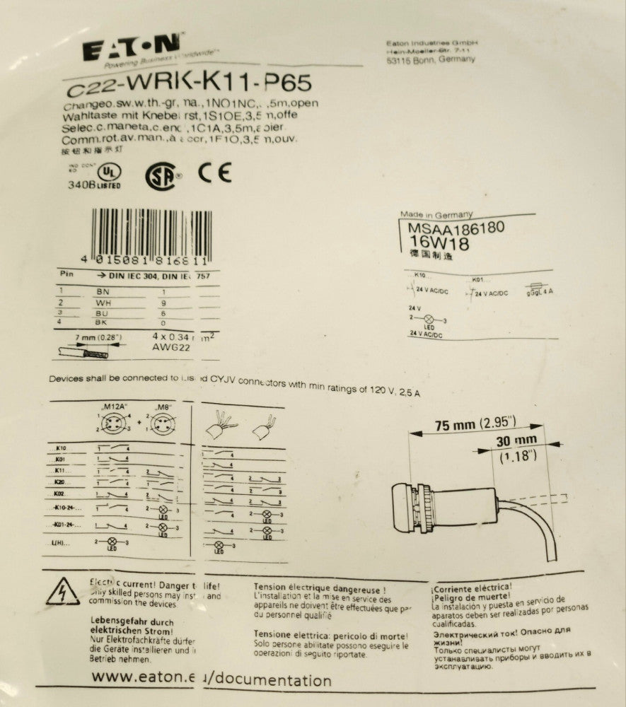 EATON C22 WRK K11 P65 Pre-Wired Selector Switch 1 NO 2 NC
