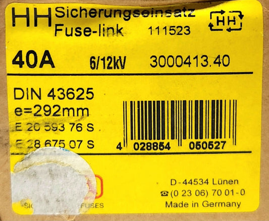 SIBA 3000413.40 DIN 43625 40 AMP HH High Voltage BACK UP Fuse 6 KV 12 KV VDE 067
