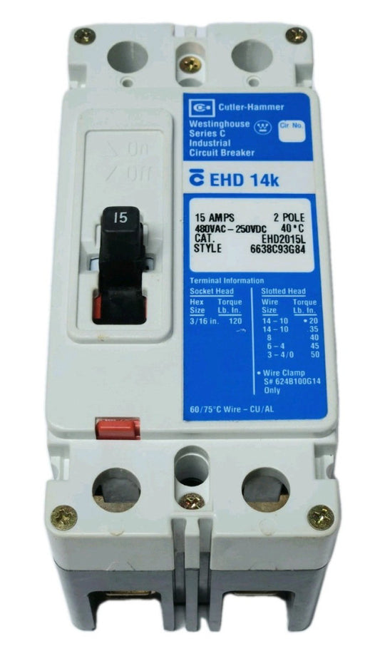 CUTLER HAMMER WESTINGHOUSE EHD2015L 2 Pole 15 AMP EHD2015 Circuit Breaker