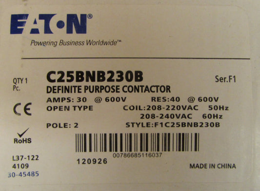 EATON CUTLER HAMMER C25BNB230B 2 Pole 30 Amp 208 240 VAC Contactor