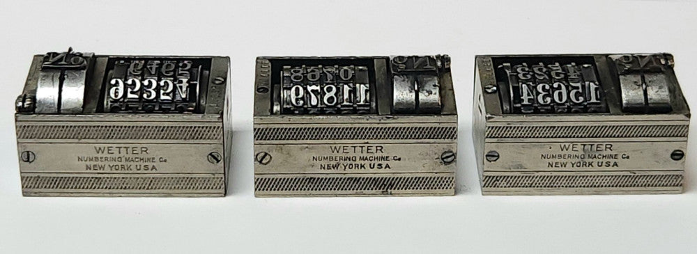 LOT OF 3 WETTER BOSTON MODEL1 Letterpress Numbering Machine Patent Nov. 27 1906