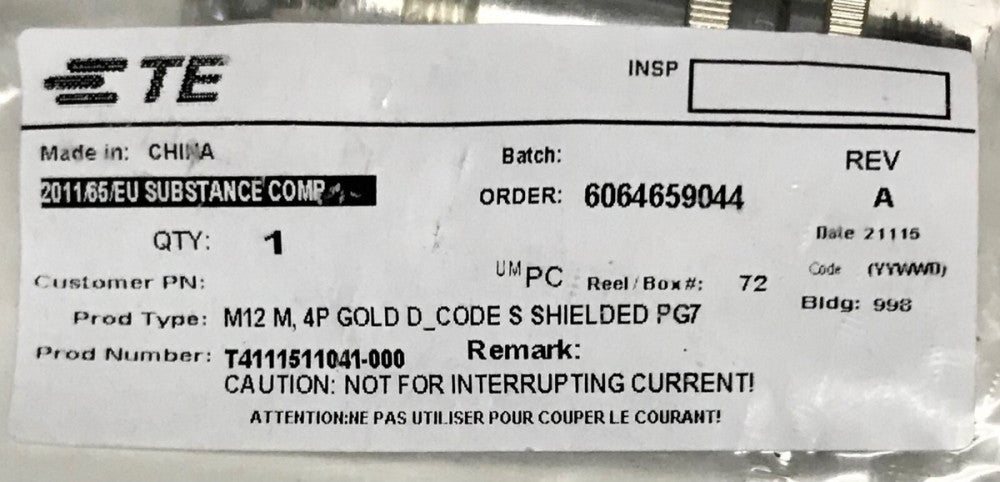 TE 6064659044 T411151104 000 M12 M 4P GOLD Shielded PG7 Metric Connector 4 Pin