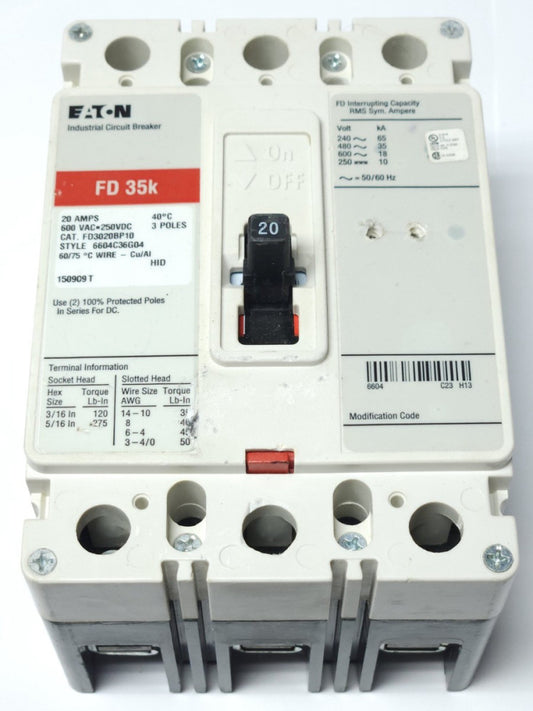 EATON CUTLER HAMMER FD3020 BP10 3 Pole 20 AMP Type FD Circuit Breaker
