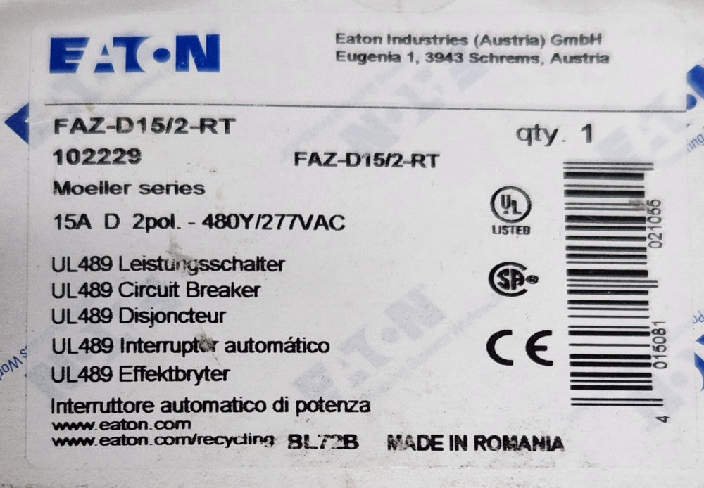 EATON MOELLER FAZ D15 2 RT 102229 15 AMP 2 Pole Circuit Breaker FAZ-D15/2-RT