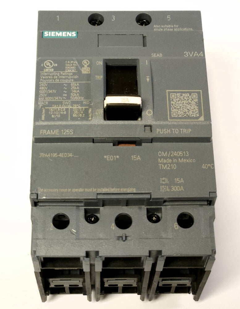 SIEMENS 3VA4195 4ED34 0AA0 3 Pole 15 AMP 3VA4 FRAME 125S