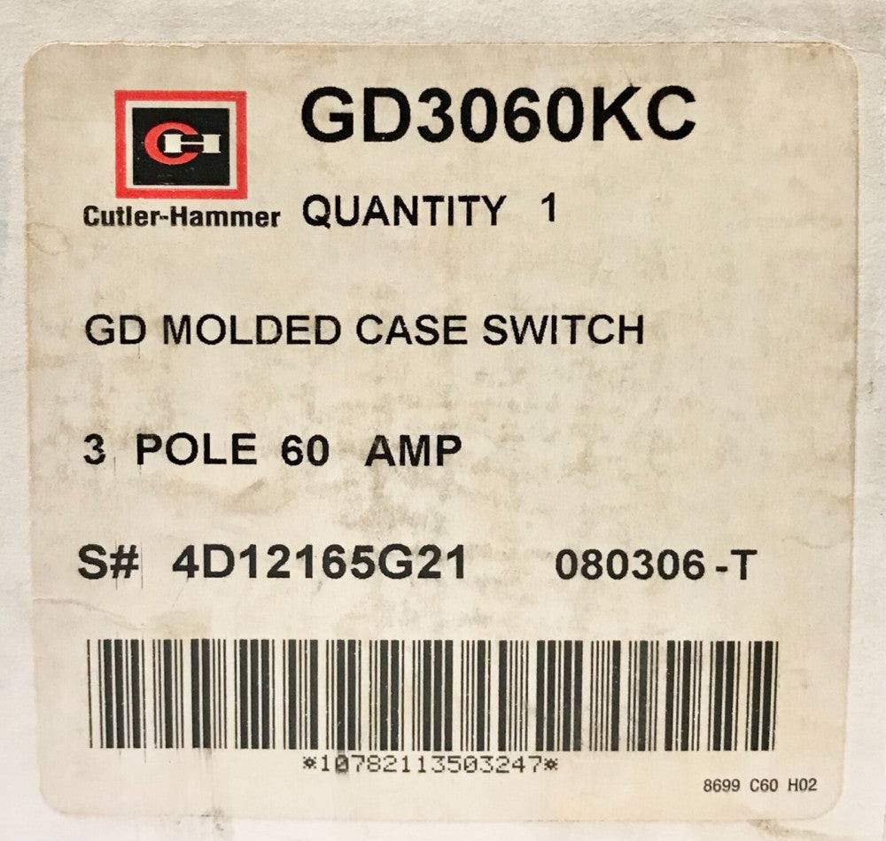 EATON CUTLER HAMMER GD3060KC 3 Pole 60 AMP GD3060K GD-K GD-KC Molded Case Switch