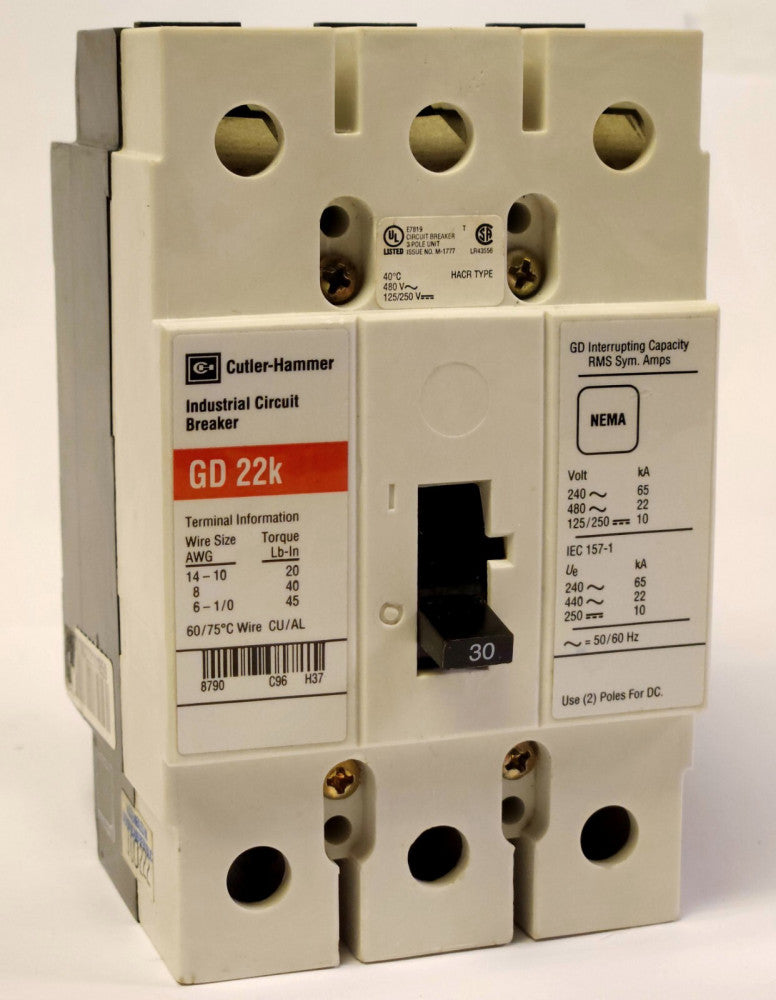EATON CUTLER HAMMER GD3030 3 Pole 30 AMP Type GD 22K Circuit Breaker HACR Type