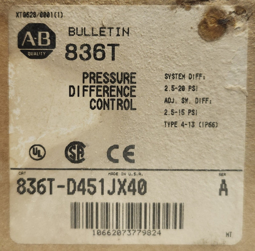 ALLEN BRADLEY 836T D451JX40 Pressure Control Switch 2.5-20 PSI Type 4-13 836T