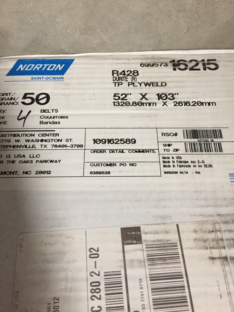 Norton R428 Sanding Belt 52"x103" (box of 4)