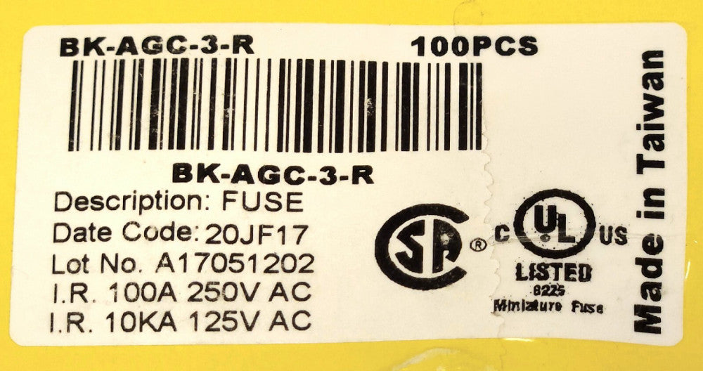 BOX OF 100 COOPER BUSSMAN BK AGC 3 R 3 AMP AGC 3A Buss Fuse 250 VAC BK-AGC-3-R