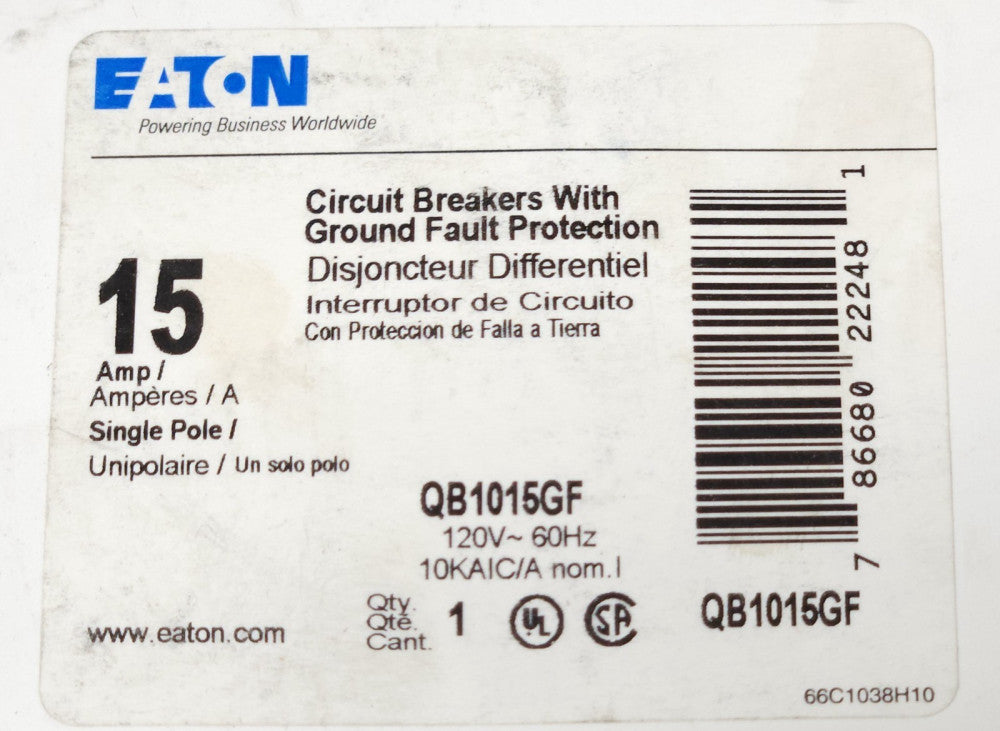 EATON CUTLER HAMMER QB1015GF Single Pole 15 AMP Type QB GFCB HAGF Ground Fault