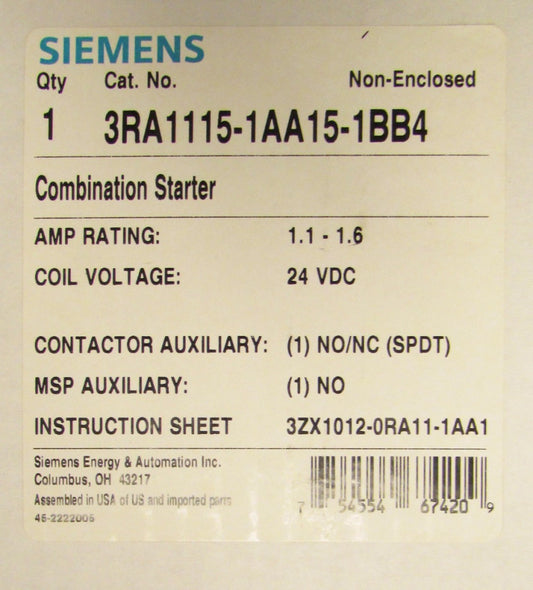 SIEMENS Combination Starter 1.1-1.6 Amp 24 VDC 3RA1115 1AA15 1BB4