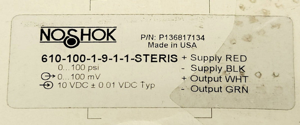 NO SHOK 610 100 1 9 11 STERIS Pressure Transducer 100 psi 100 MV 10 VDC P1368171