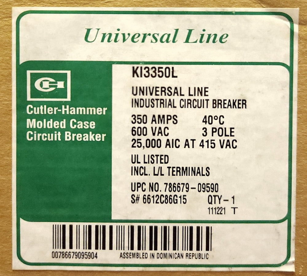 EATON CUTLER HAMMER KI3350L 3 Pole 350 AMP Ki Breaker Ki3350 Line & Load Lugs