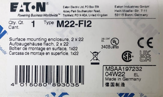 EATON MOELLER M22 FI2 Pushbutton Station Enclosure 2 Unit 22MM Suface Mount