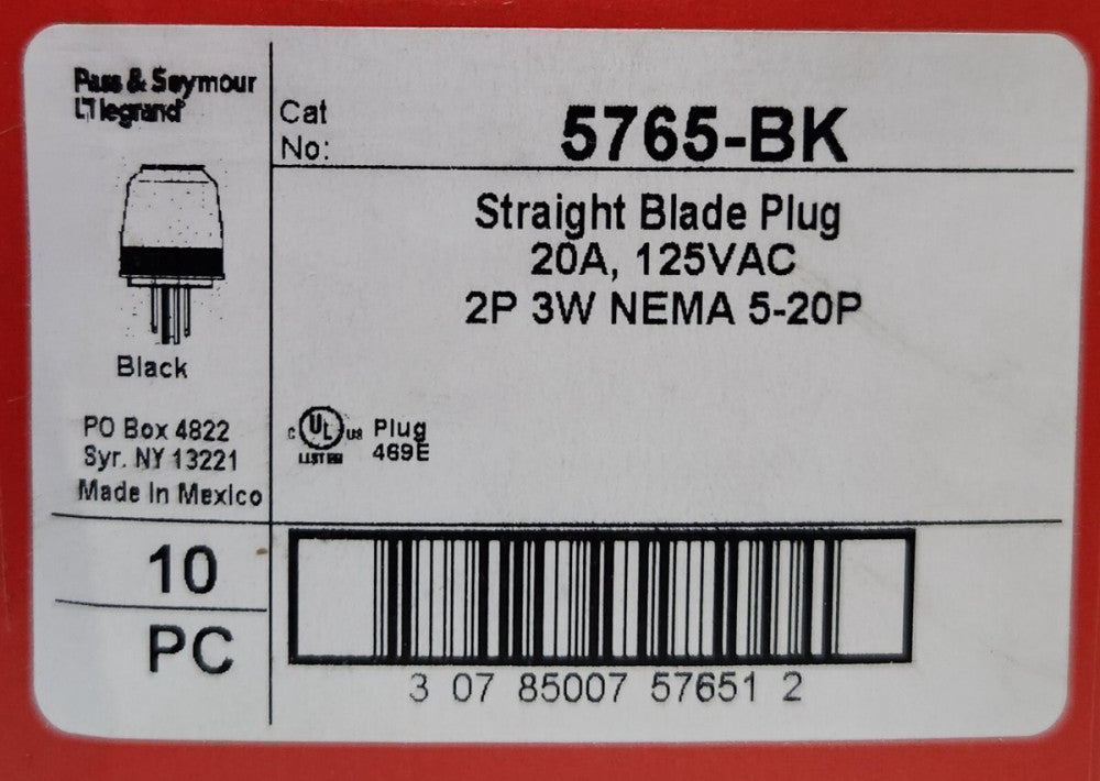 BOX OF 10 PASS & SEYMOUR Legrand 5765 BK 20 AMP 125 VAC 5-20P BLACK PLUG 4995