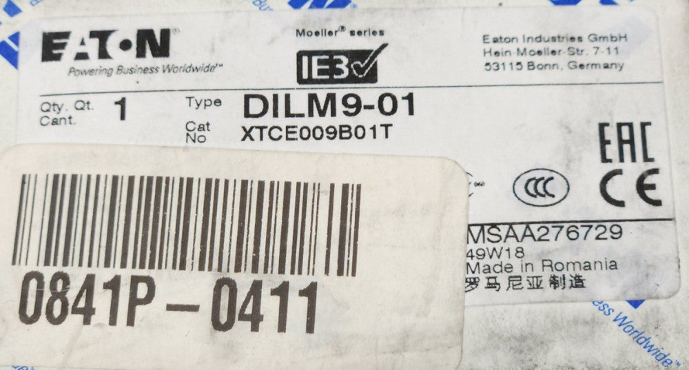 EATON DILM9-01 XTCE009B01T 24 Volt AC Contactor 3 Pole 1 NC