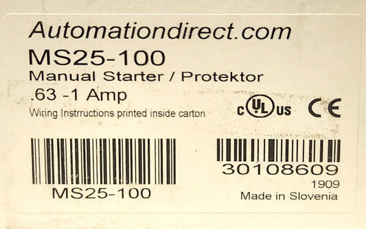 AUTOMATION DIRECT MS25-100 Manual Starter Motor Protector .63-1 AMP MS25 100