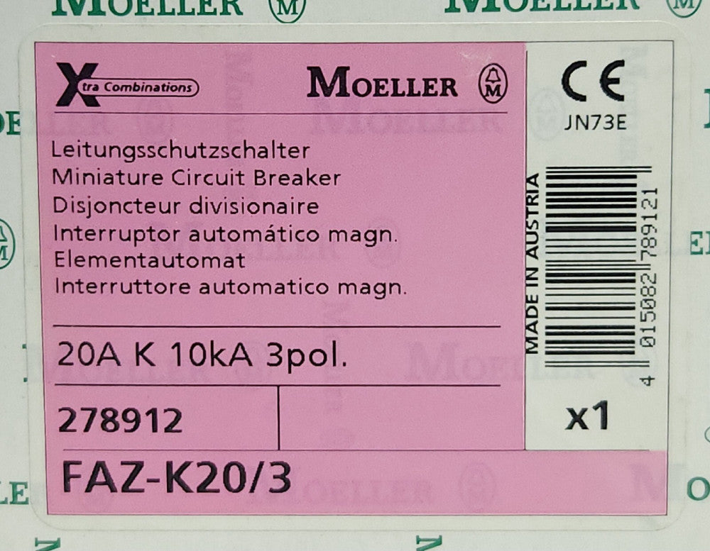 KLOCKNER-MOELLER 3 Pole 20 AMP 10kA Miniature Circuit Breaker 278912 JN73E