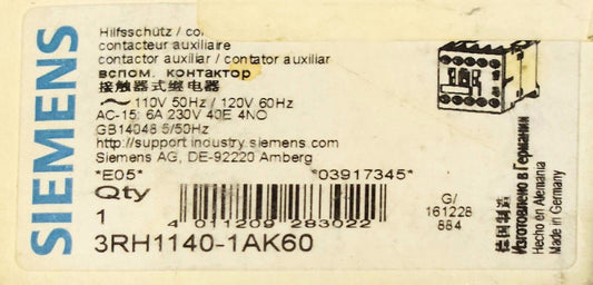 SIEMENS 3RH1140 1AK60 SIRIUS Auxiliary Relay Contactor 120 VAC