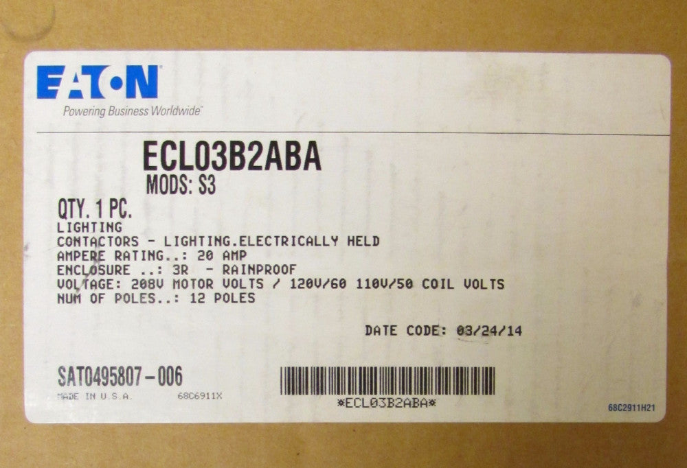 EATON CUTLER HAMMER ECL03B2ABA Lighting Contactor  3R Enclosure Mods: S3