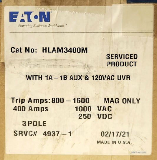 EATON CUTLER HAMMER HLAM3400M 3 Pole 400 AMP Type HLAM MINING Circuit Breaker