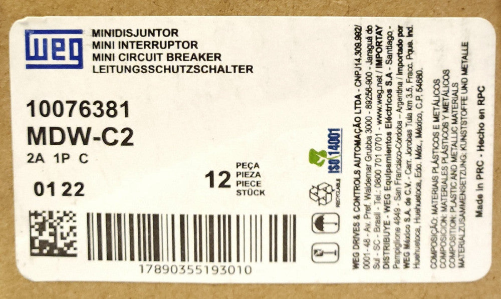 WEG MDW-C2 Single Pole 2 AMP 10076381 MDW C2 Circuit Breaker