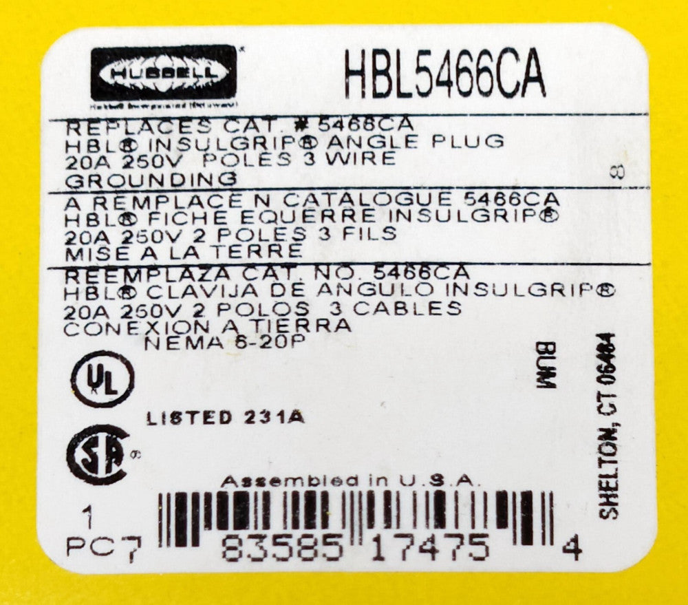 HUBBELL HBL5466CA 20 AMP 250 VAC HBL 5466CA Plug 3 Wire