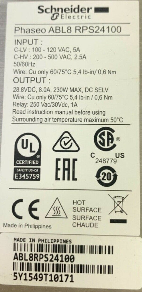 SCHEINDER ELECTRIC ABL8 RPS24100 PHASEO Power Supply 