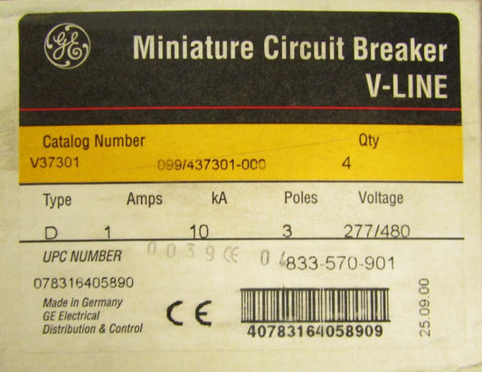 GENERAL ELECTRIC GE D1 Circuit Breaker 3 Pole 1 Amp 277 480V V37301