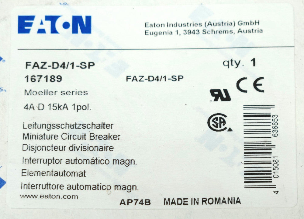 EATON FAZ D4 1 SP Single Pole 4 AMP XEFFECT Miniature Circuit Breaker FAZ D4 1